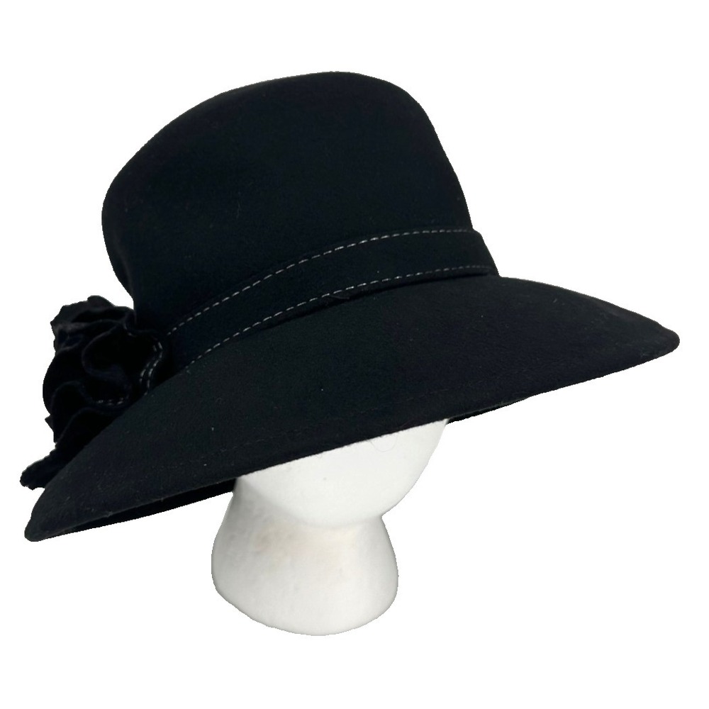 Charter Club Women's Bucket Hat One Side Black Wool Rose Floral Accent Italy
